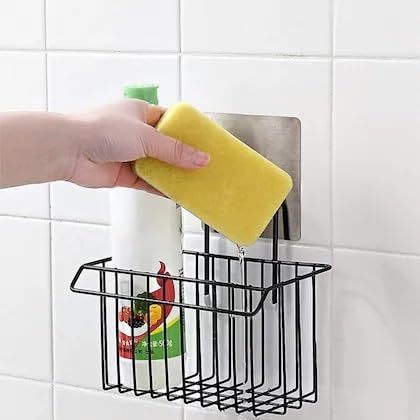 Self Adhesive Kitchen Sink Organizer Rack | Wall Mounted Sponge Holder Basket for Detergent Bottle, Scrubber & Brush | Rustproof Steel Storage Rack for Bathroom & Kitchen Use