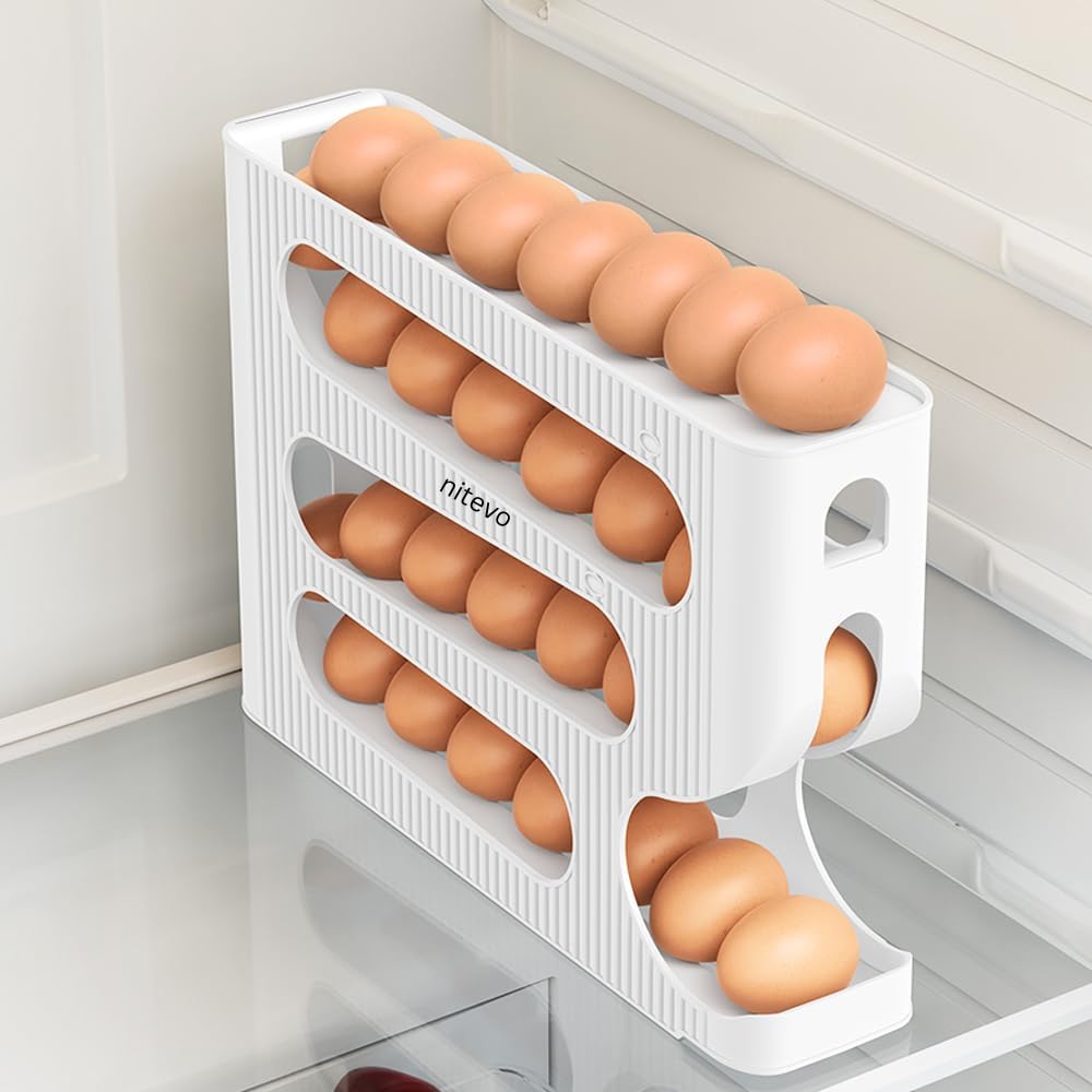 Nitevo Egg Holder for Refrigerator, Automatic Rolling Egg Organizer, 4 Layer Storage Tray, 30 Eggs Capacity, Space Saving Stackable Fridge Egg Container (White)