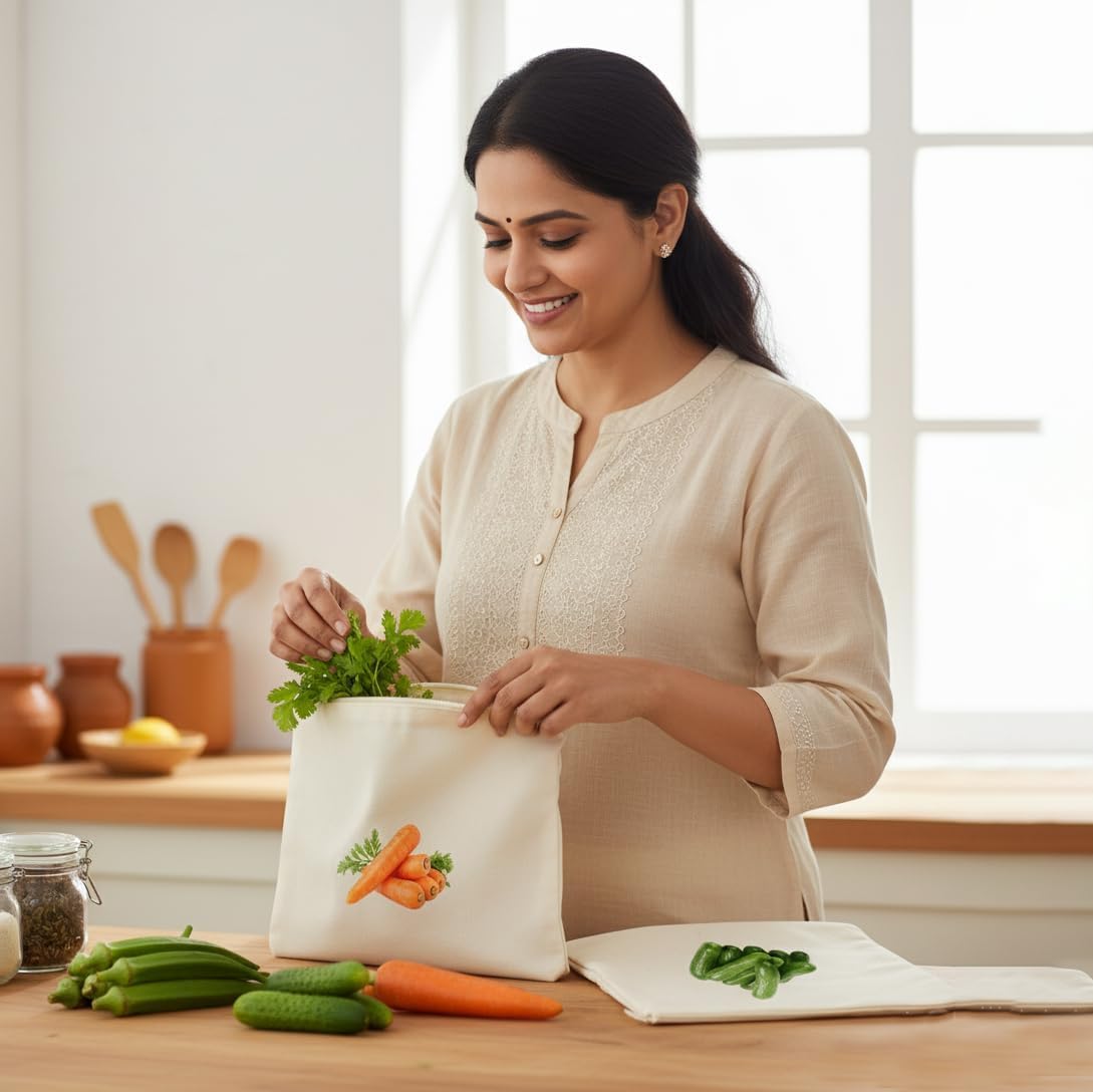 100% Cotton Reusable Vegetable Bags for Fridge | Eco-Friendly Storage Bags | Washable Breathable Cloth Bags for Vegetables | Plastic-Free Kitchen Organizer | 12x12 Inches | Pack of 10