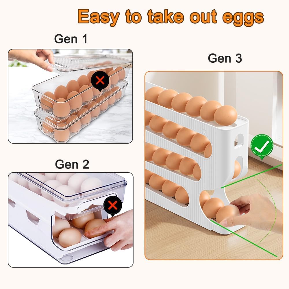 Nitevo Egg Holder for Refrigerator, Automatic Rolling Egg Organizer, 4 Layer Storage Tray, 30 Eggs Capacity, Space Saving Stackable Fridge Egg Container (White)
