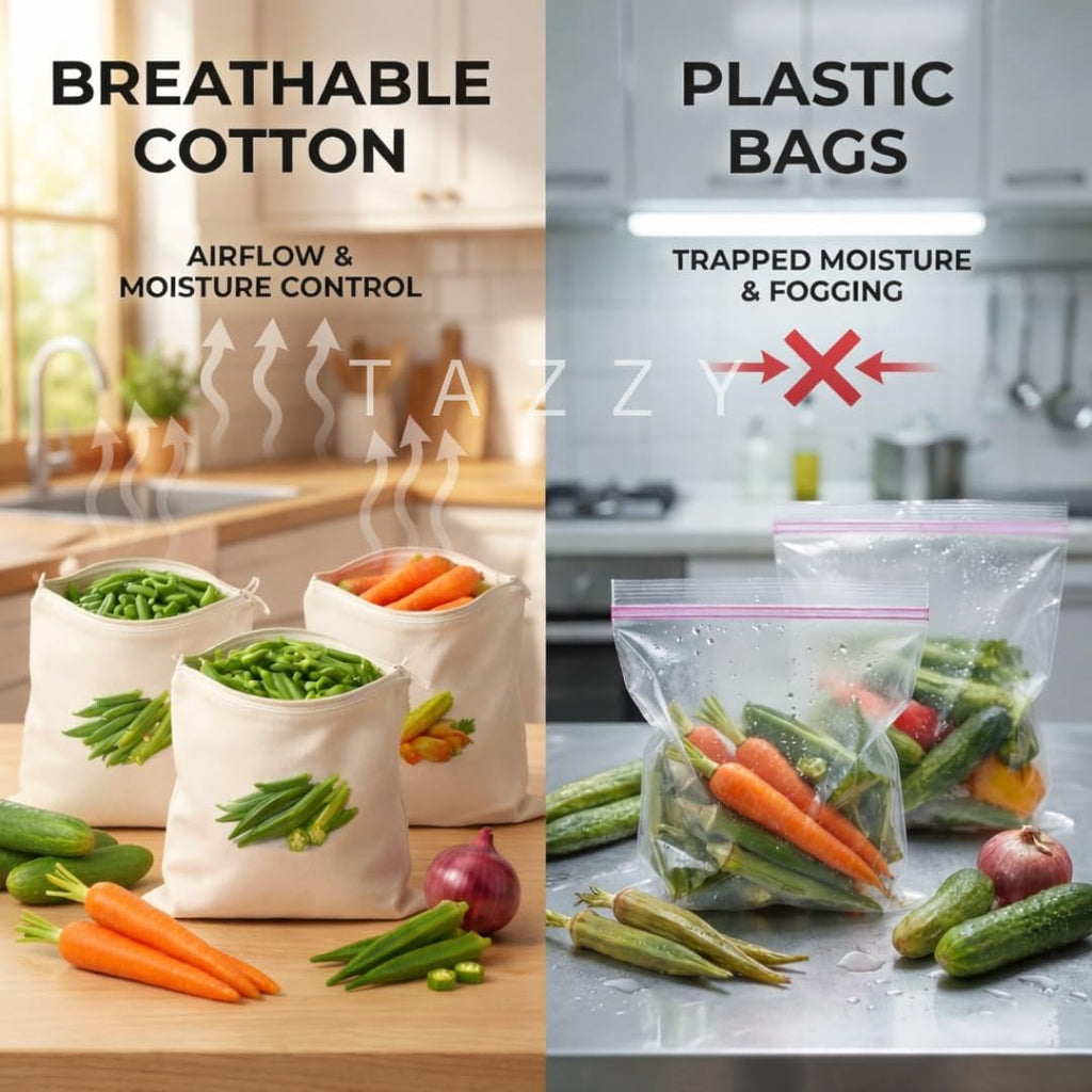 100% Cotton Reusable Vegetable Bags for Fridge | Eco-Friendly Storage Bags | Washable Breathable Cloth Bags for Vegetables | Plastic-Free Kitchen Organizer | 12x12 Inches | Pack of 10