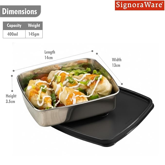 Signoraware Smart 'N' Slim Stainless Steel Container | Airtight & Leakproof | Maintain Crispness | Keeps food fresh | Great for School, office Or Picnic use | Useful for Leftovers (400ml | Black)