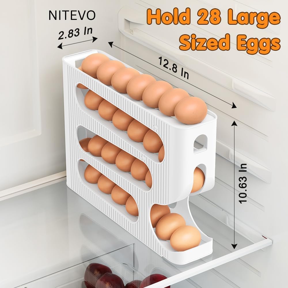 Nitevo Egg Holder for Refrigerator, Automatic Rolling Egg Organizer, 4 Layer Storage Tray, 30 Eggs Capacity, Space Saving Stackable Fridge Egg Container (White)