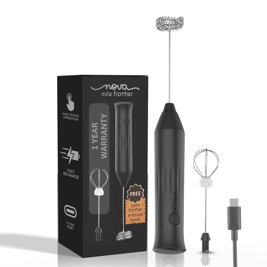 Nova Milk Frother Rechargable Coffee Frother Milk & Beater for Cold Latte 2In1 Handheld Blender and Egg Whisker | 1 Year Warranty Free Frothy Recipe E-Book (Whisker + FROTHER)