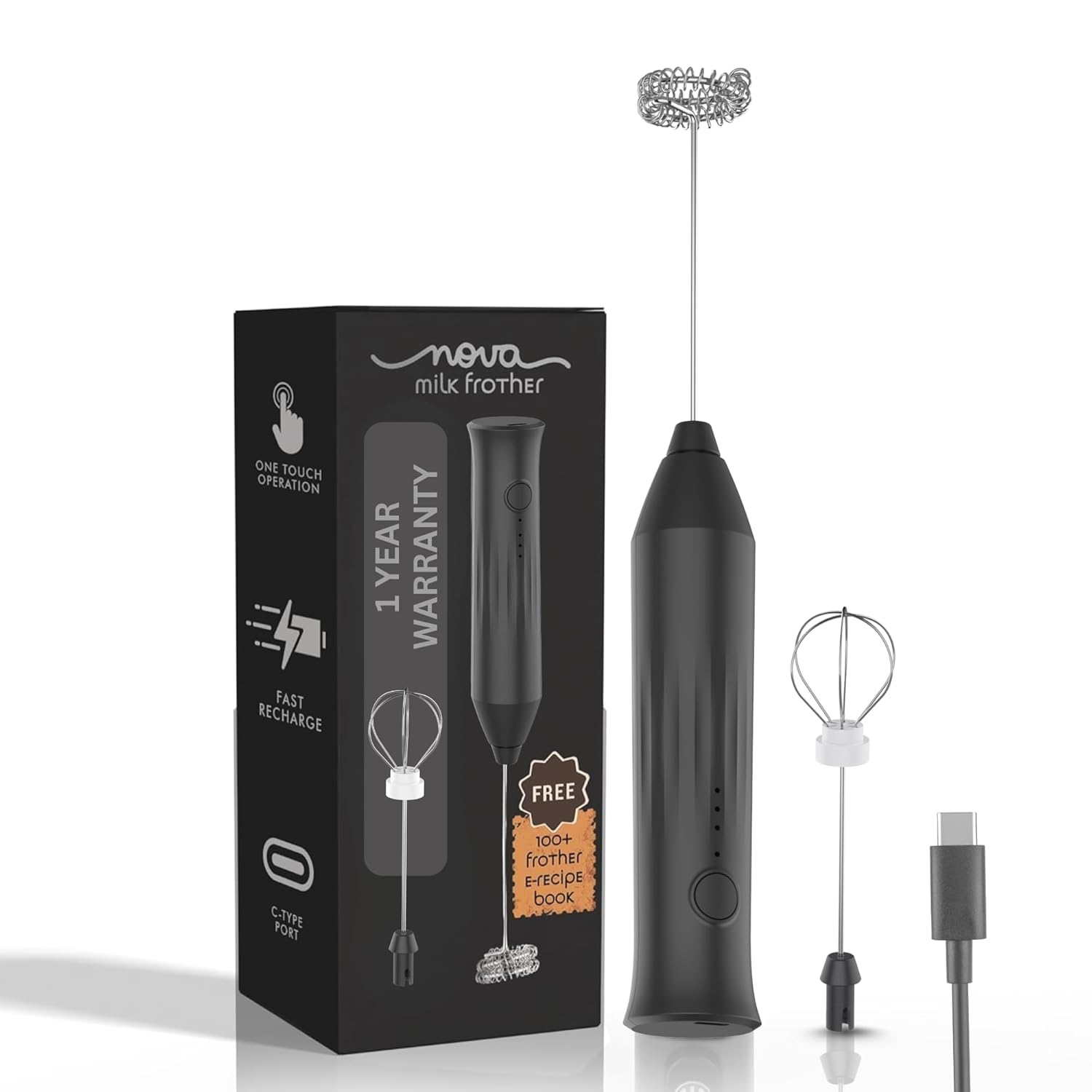 Nova Milk Frother Rechargable Coffee Frother Milk & Beater for Cold Latte 2In1 Handheld Blender and Egg Whisker | 1 Year Warranty Free Frothy Recipe E-Book (Whisker + FROTHER)