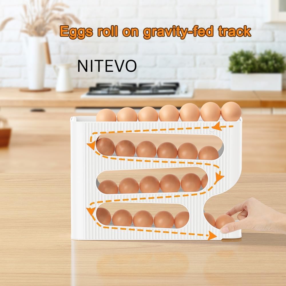 Nitevo Egg Holder for Refrigerator, Automatic Rolling Egg Organizer, 4 Layer Storage Tray, 30 Eggs Capacity, Space Saving Stackable Fridge Egg Container (White)