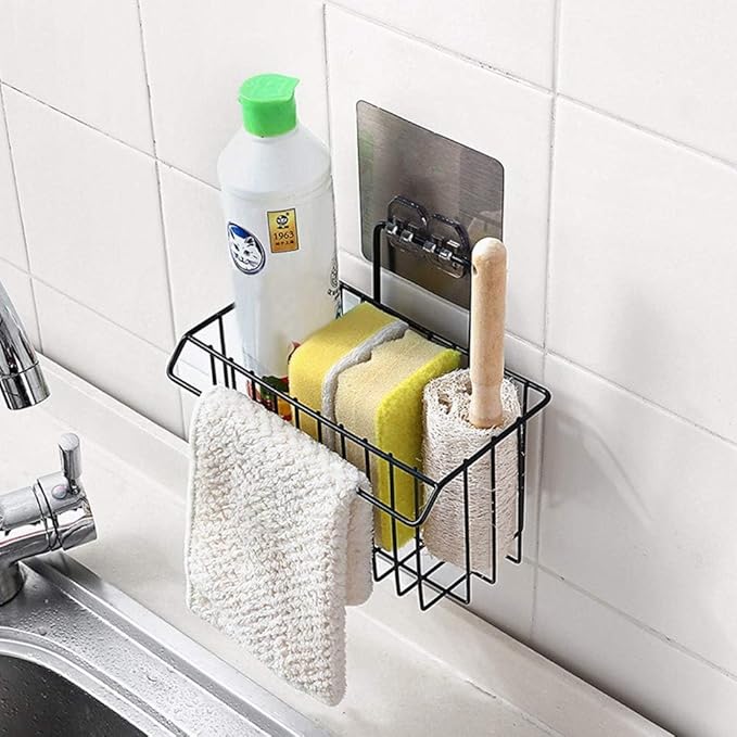 Self Adhesive Kitchen Sink Organizer Rack | Wall Mounted Sponge Holder Basket for Detergent Bottle, Scrubber & Brush | Rustproof Steel Storage Rack for Bathroom & Kitchen Use