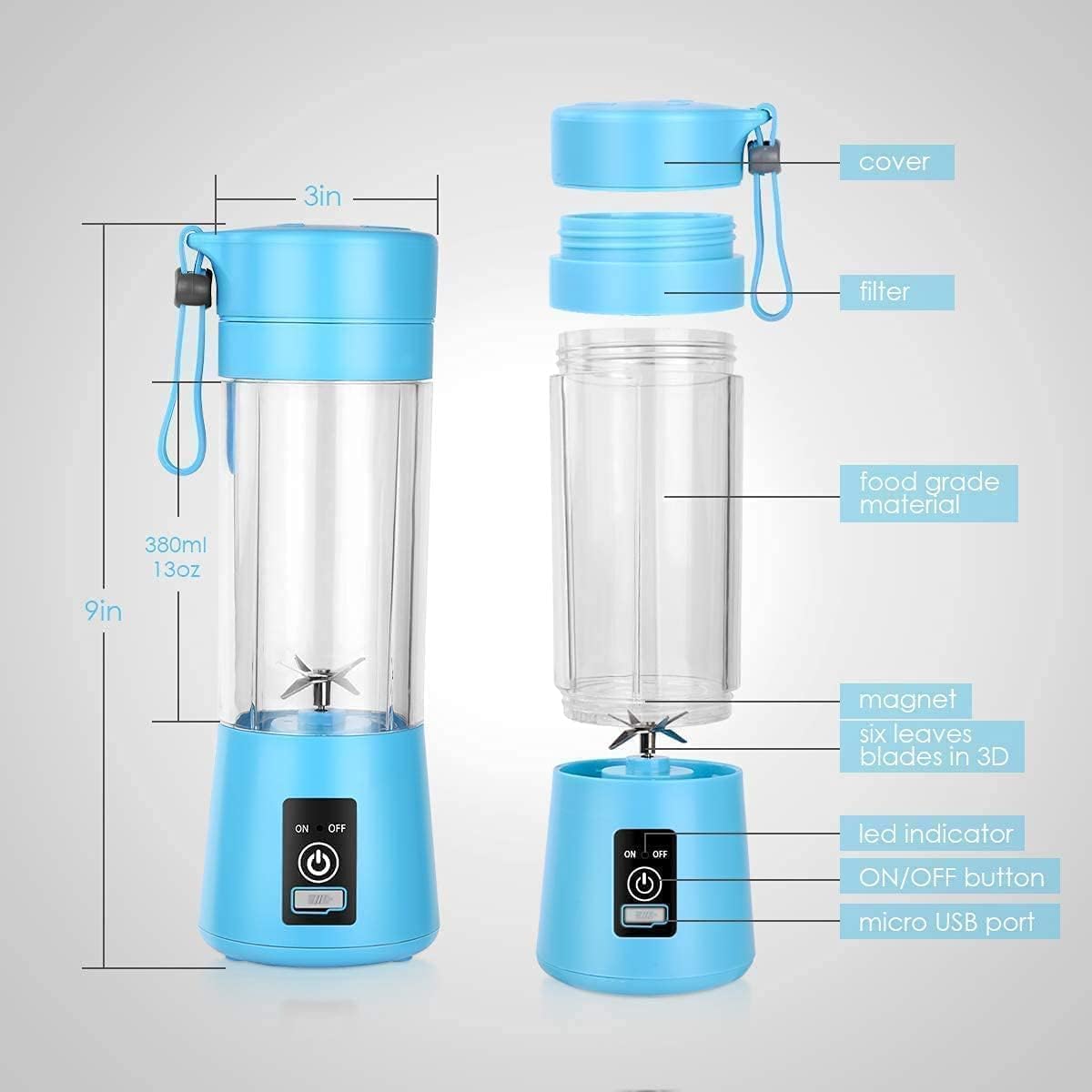 Portable Personal Blender, 380ml, 6-Blade Juicer for Smoothies, Fruit Juice, Milkshakes, Multi Colour (Pack of 1)