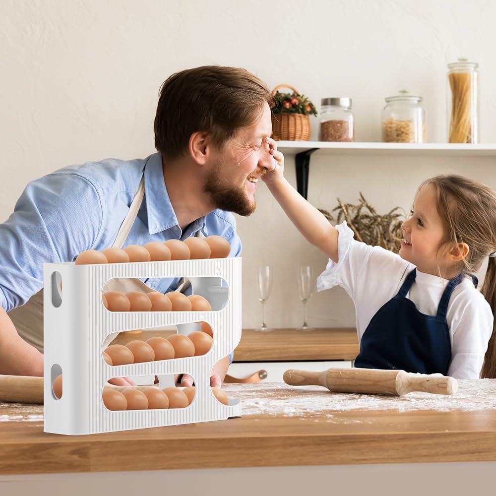 Nitevo Egg Holder for Refrigerator, Automatic Rolling Egg Organizer, 4 Layer Storage Tray, 30 Eggs Capacity, Space Saving Stackable Fridge Egg Container (White)
