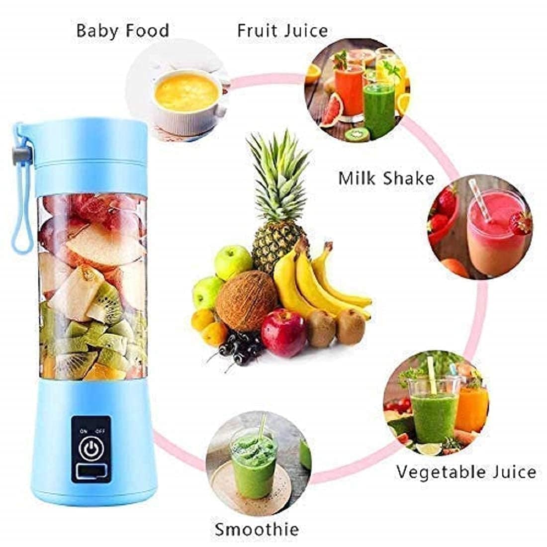 Portable Personal Blender, 380ml, 6-Blade Juicer for Smoothies, Fruit Juice, Milkshakes, Multi Colour (Pack of 1)
