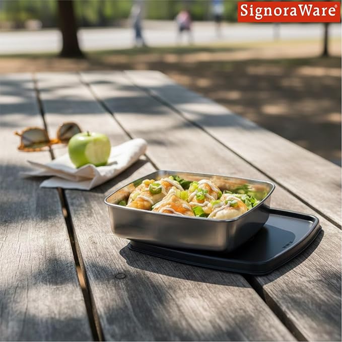 Signoraware Smart 'N' Slim Stainless Steel Container | Airtight & Leakproof | Maintain Crispness | Keeps food fresh | Great for School, office Or Picnic use | Useful for Leftovers (400ml | Black)