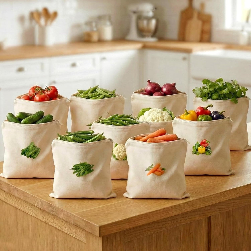100% Cotton Reusable Vegetable Bags for Fridge | Eco-Friendly Storage Bags | Washable Breathable Cloth Bags for Vegetables | Plastic-Free Kitchen Organizer | 12x12 Inches | Pack of 10