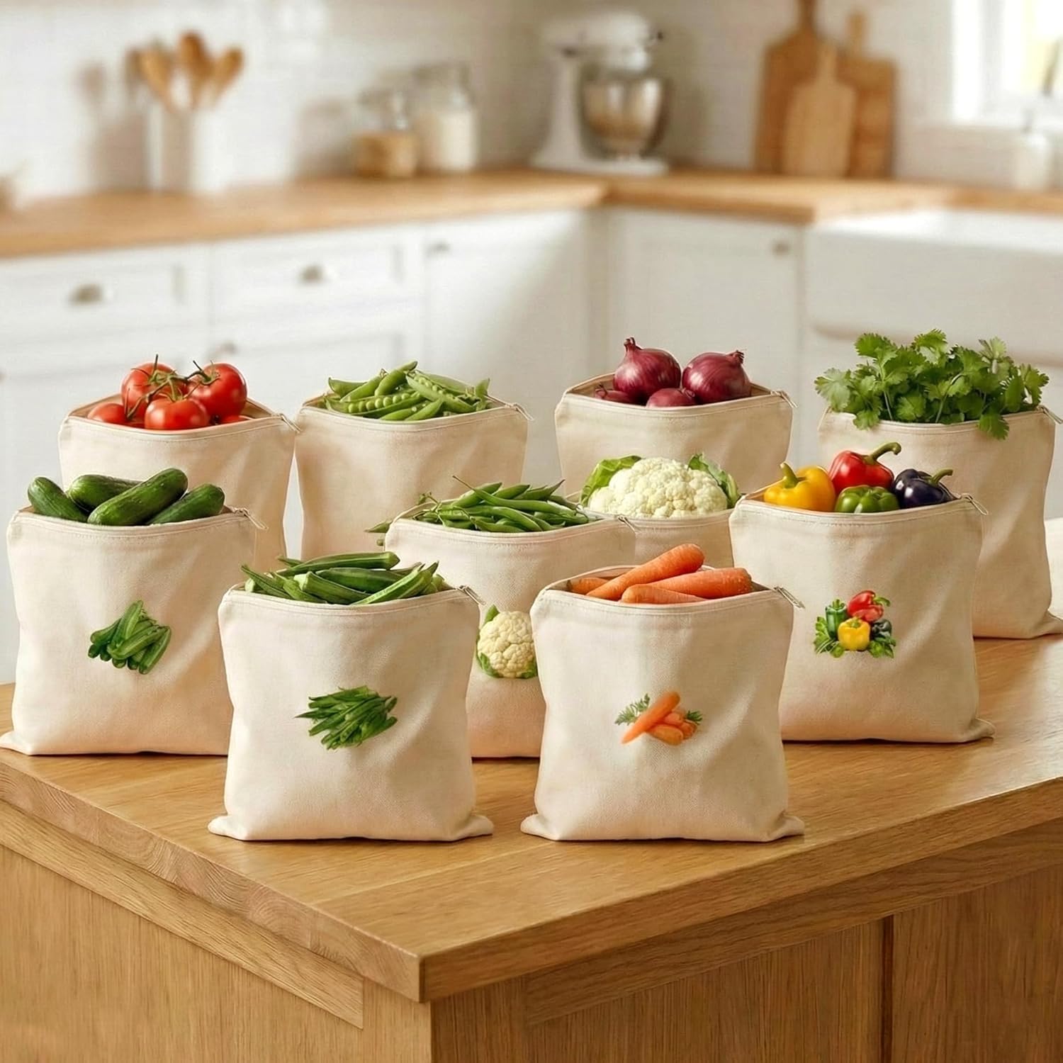 100% Cotton Reusable Vegetable Bags for Fridge | Eco-Friendly Storage Bags | Washable Breathable Cloth Bags for Vegetables | Plastic-Free Kitchen Organizer | 12x12 Inches | Pack of 10