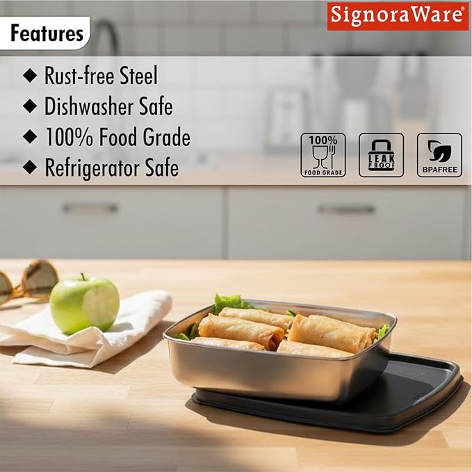 Signoraware Smart 'N' Slim Stainless Steel Container | Airtight & Leakproof | Maintain Crispness | Keeps food fresh | Great for School, office Or Picnic use | Useful for Leftovers (400ml | Black)