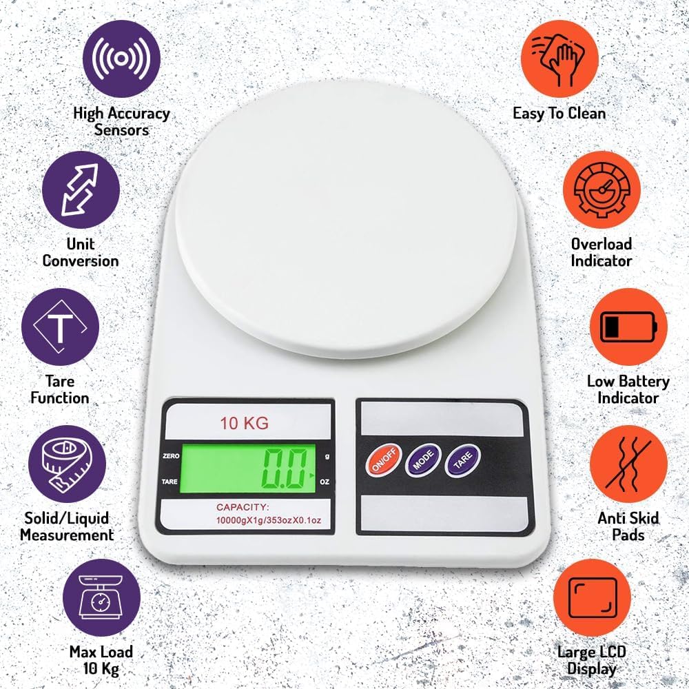 Digital Kitchen Weighing Scale 10kg | Electronic Food Weight Machine for Home & Kitchen | High Precision SF-400 Scale for Diet, Baking & Cooking | Multipurpose Weight Balance, White