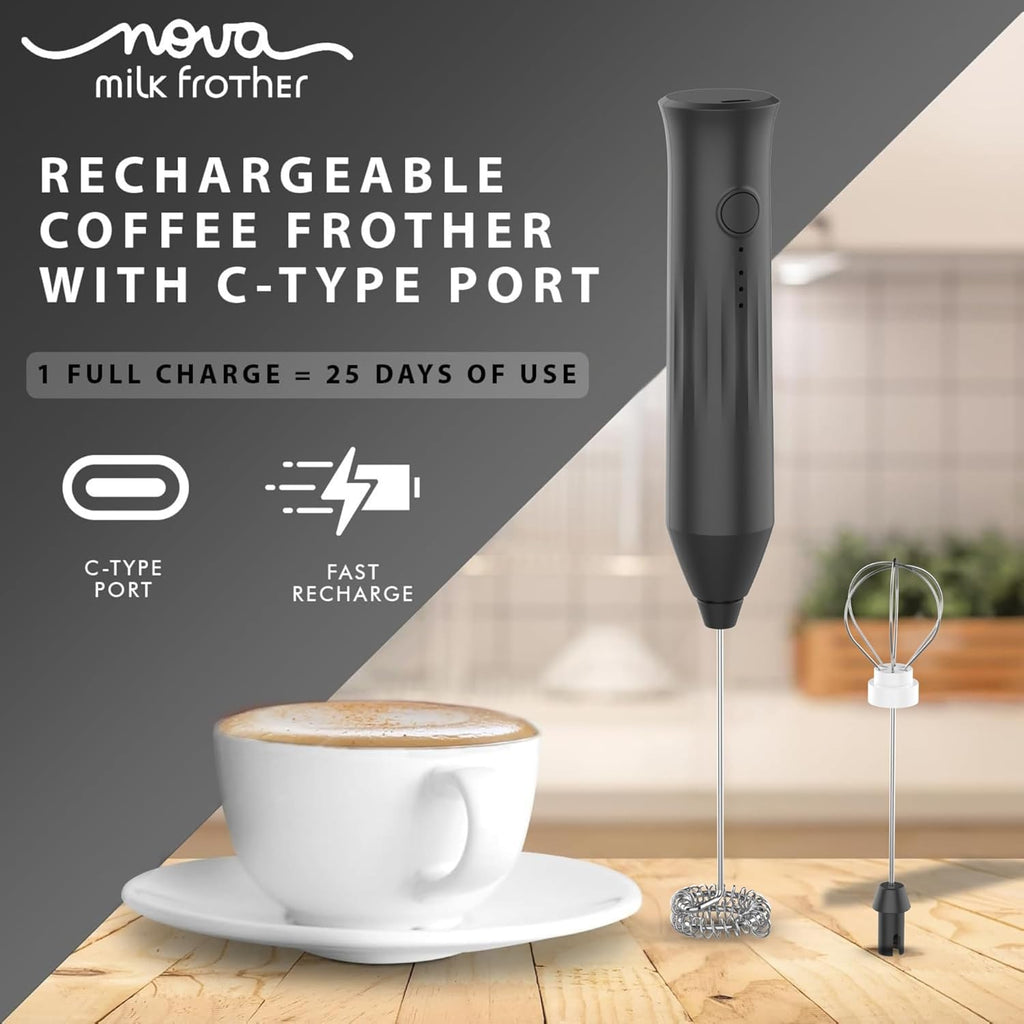 Nova Milk Frother Rechargable Coffee Frother Milk & Beater for Cold Latte 2In1 Handheld Blender and Egg Whisker | 1 Year Warranty Free Frothy Recipe E-Book (Whisker + FROTHER)
