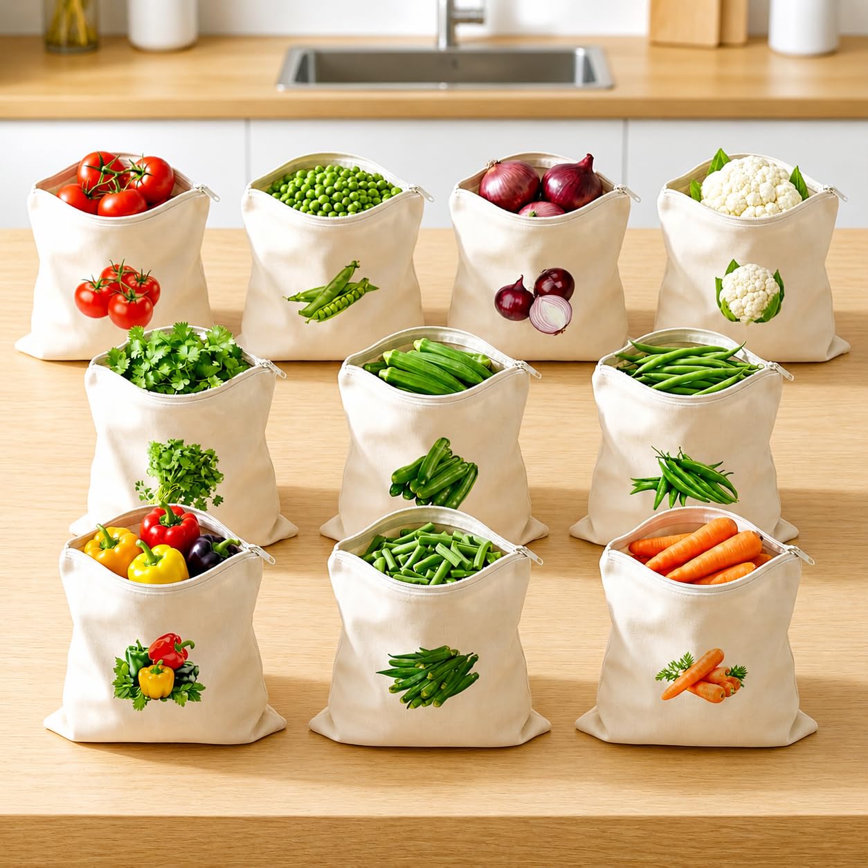 100% Cotton Reusable Vegetable Bags for Fridge | Eco-Friendly Storage Bags | Washable Breathable Cloth Bags for Vegetables | Plastic-Free Kitchen Organizer | 12x12 Inches | Pack of 10