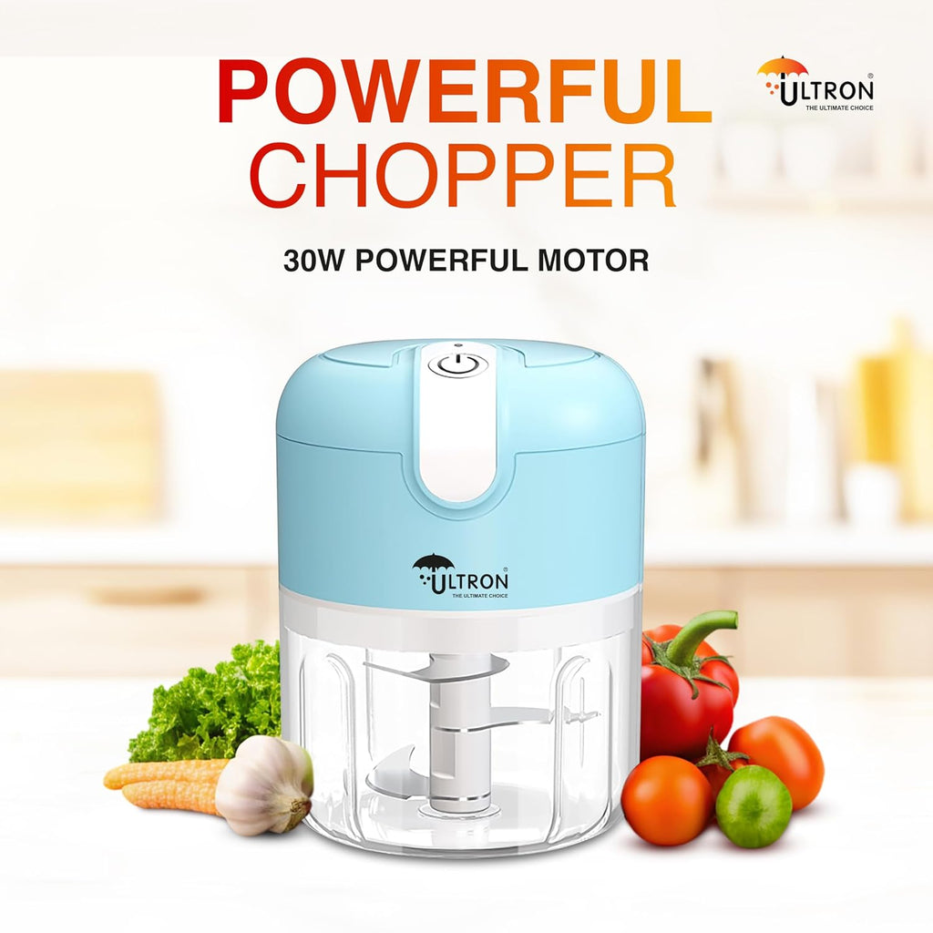 ULTRON Electric Chopper USB Rechargeable | 30W Powerful Motor | 250ml Mini Vegetable Chopper | Stainless Steel Blades | One-Touch Operation | BPA Free Container | Portable Kitchen Chopper (Blue)