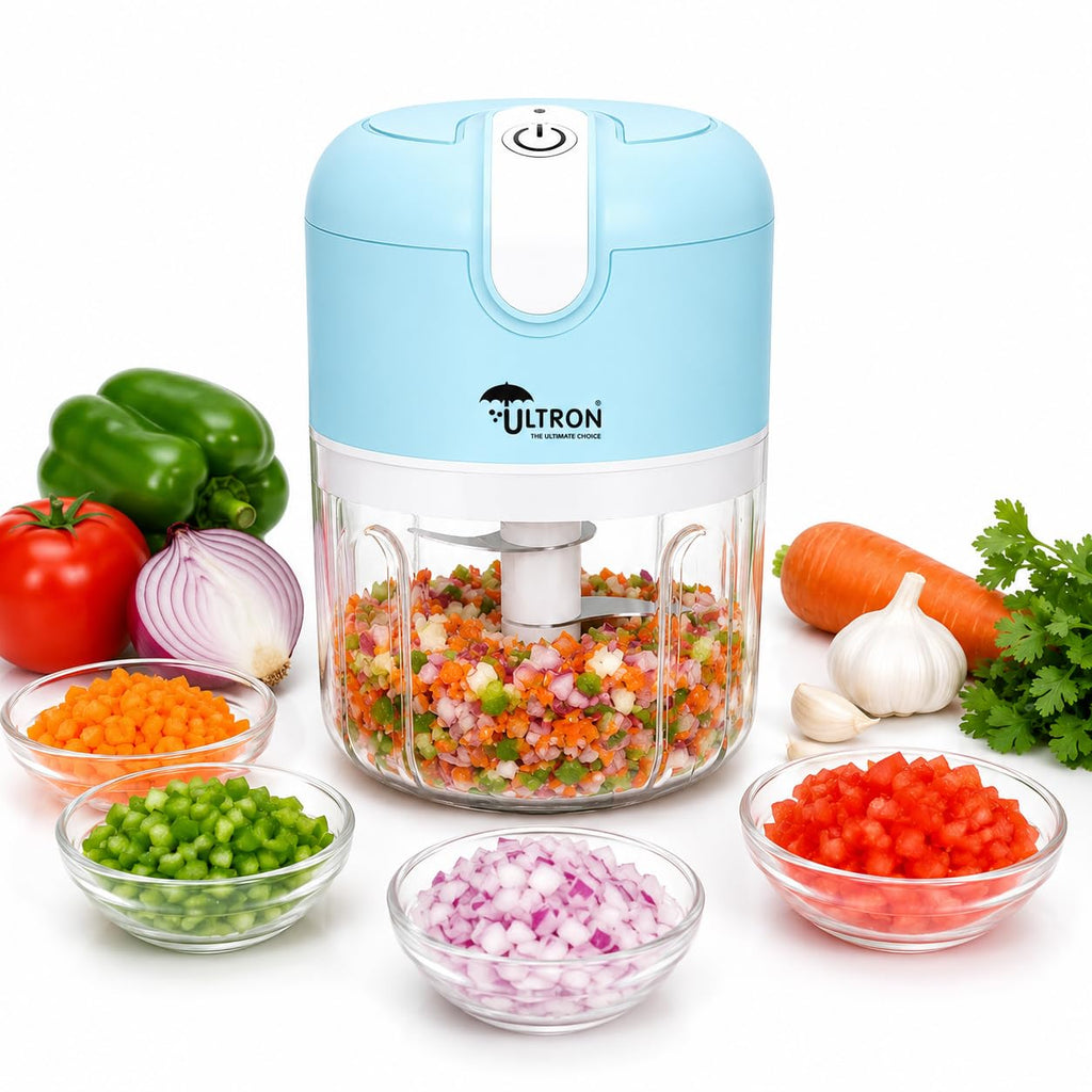 ULTRON Electric Chopper USB Rechargeable | 30W Powerful Motor | 250ml Mini Vegetable Chopper | Stainless Steel Blades | One-Touch Operation | BPA Free Container | Portable Kitchen Chopper (Blue)