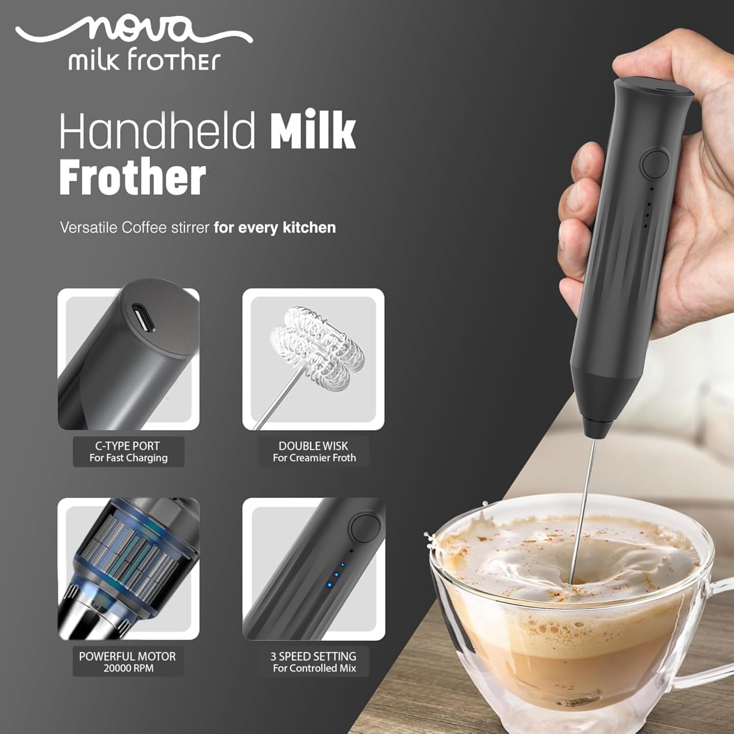Nova Milk Frother Rechargable Coffee Frother Milk & Beater for Cold Latte 2In1 Handheld Blender and Egg Whisker | 1 Year Warranty Free Frothy Recipe E-Book (Whisker + FROTHER)
