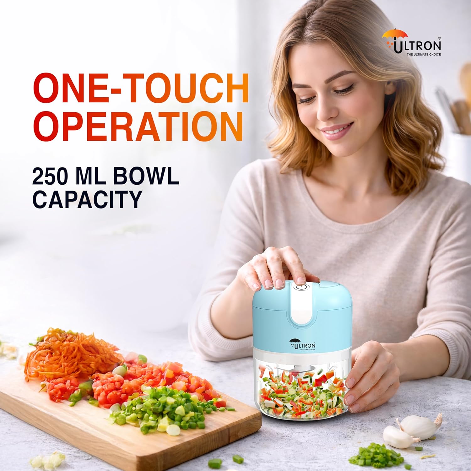 ULTRON Electric Chopper USB Rechargeable | 30W Powerful Motor | 250ml Mini Vegetable Chopper | Stainless Steel Blades | One-Touch Operation | BPA Free Container | Portable Kitchen Chopper (Blue)