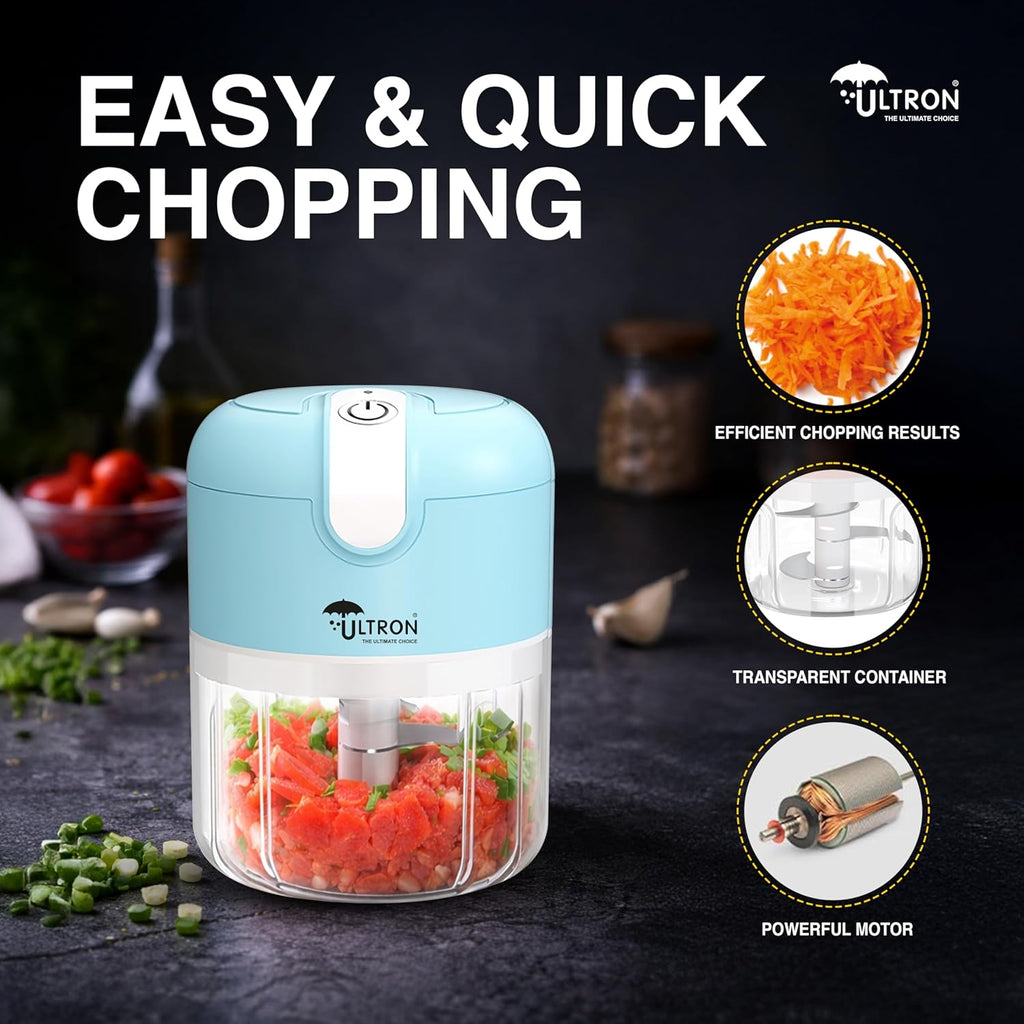 ULTRON Electric Chopper USB Rechargeable | 30W Powerful Motor | 250ml Mini Vegetable Chopper | Stainless Steel Blades | One-Touch Operation | BPA Free Container | Portable Kitchen Chopper (Blue)