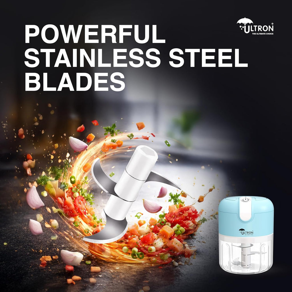 ULTRON Electric Chopper USB Rechargeable | 30W Powerful Motor | 250ml Mini Vegetable Chopper | Stainless Steel Blades | One-Touch Operation | BPA Free Container | Portable Kitchen Chopper (Blue)