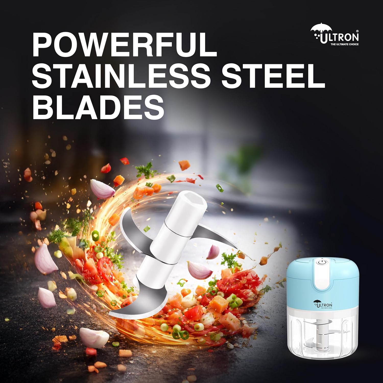 ULTRON Electric Chopper USB Rechargeable | 30W Powerful Motor | 250ml Mini Vegetable Chopper | Stainless Steel Blades | One-Touch Operation | BPA Free Container | Portable Kitchen Chopper (Blue)