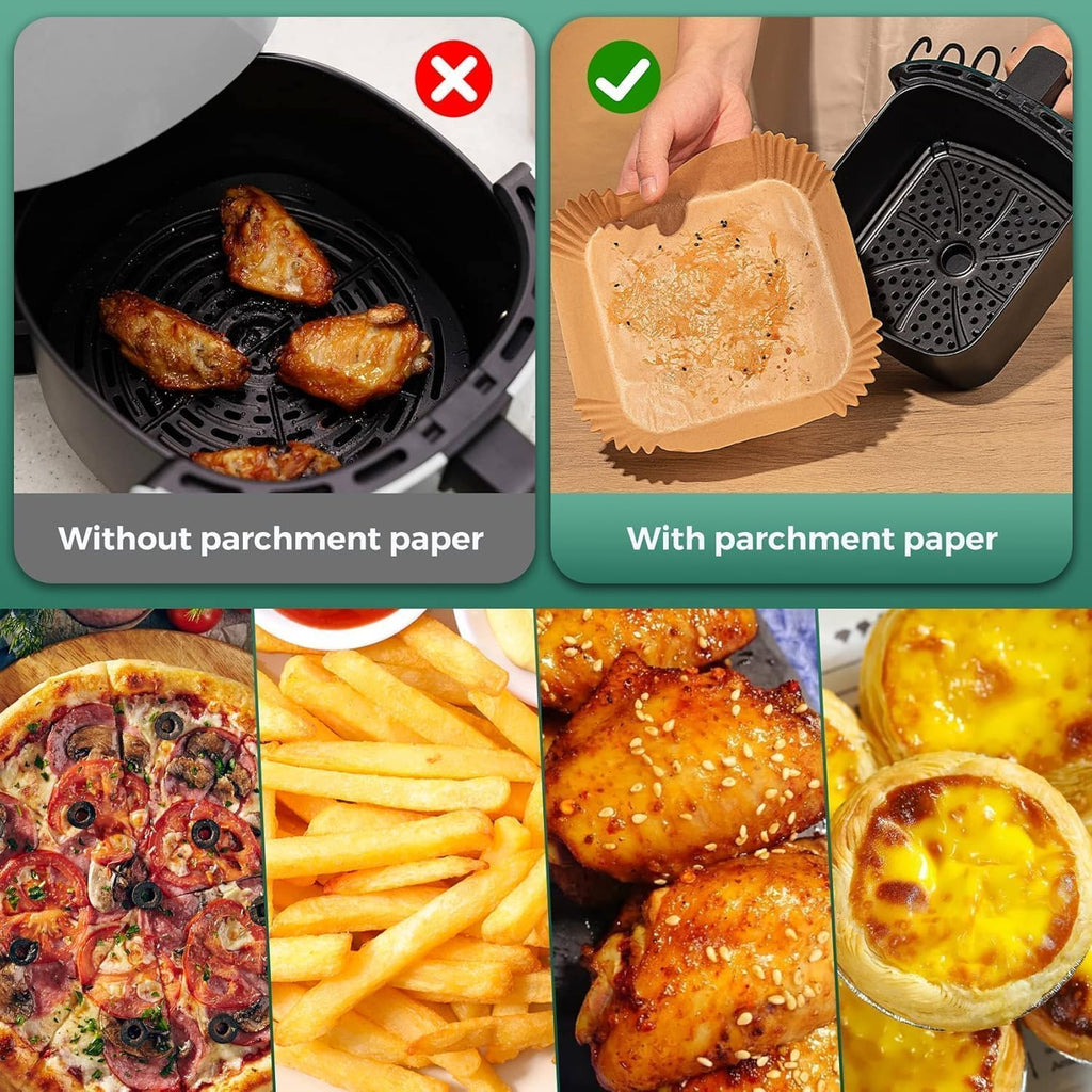 Celvee 100 PCS Air Fryer Paper Sheets, Disposable Paper Liner for Microwave, Oil-Proof Air Fryer Parchment Paper for Frying, Baking, Cooking, Roasting and Microwave (Square 8 INCH)