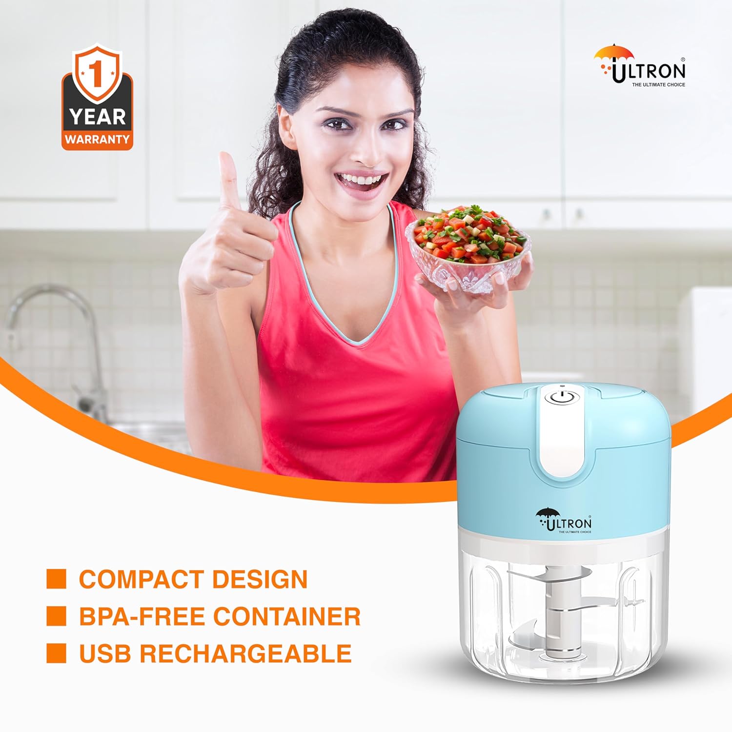ULTRON Electric Chopper USB Rechargeable | 30W Powerful Motor | 250ml Mini Vegetable Chopper | Stainless Steel Blades | One-Touch Operation | BPA Free Container | Portable Kitchen Chopper (Blue)